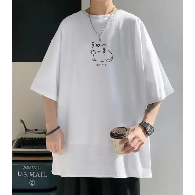 Men’s oversized tee with charming lying cat sketch and drop shoulder design