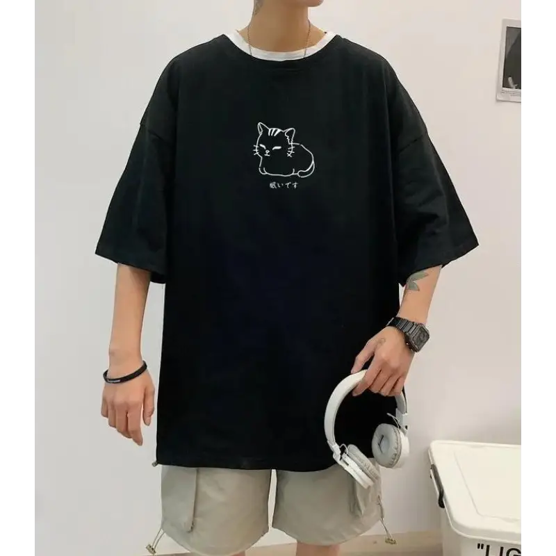 Men’s oversized tee with charming lying cat sketch and drop shoulder design - black / s