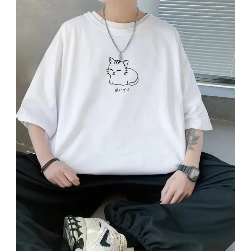 Men’s oversized tee with charming lying cat sketch and drop shoulder design - white / s