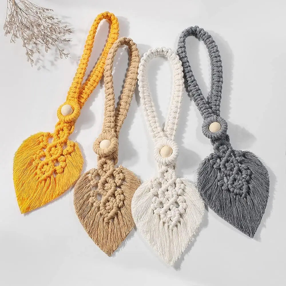 Leaf-shaped macrame curtain tieback for aesthetic room decor