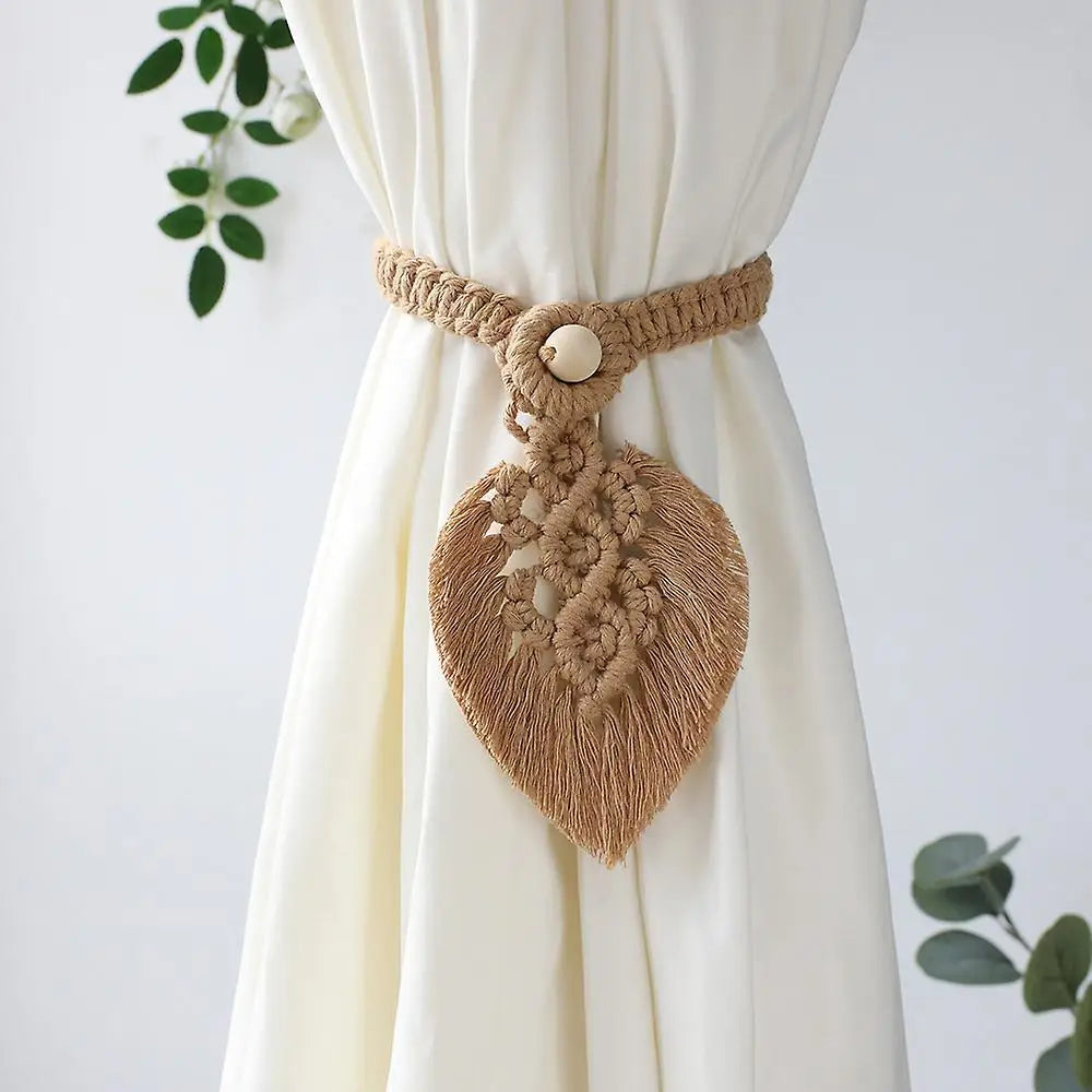 Leaf-shaped macrame curtain tieback for aesthetic room decor - brown