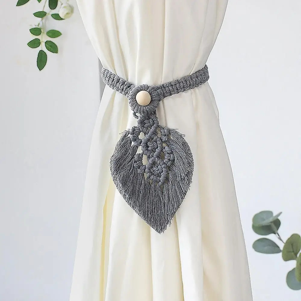 Leaf-shaped macrame curtain tieback for aesthetic room decor - gray