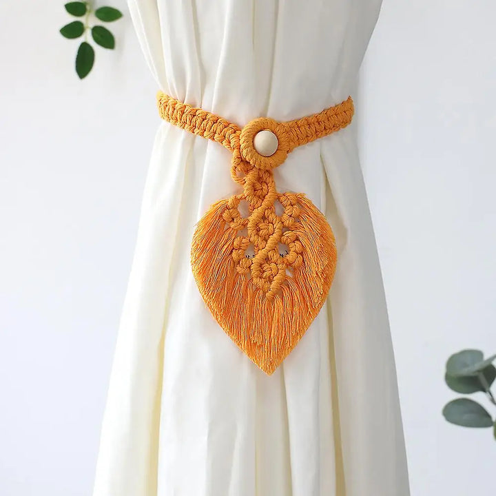 Leaf-shaped macrame curtain tieback for aesthetic room decor - orange