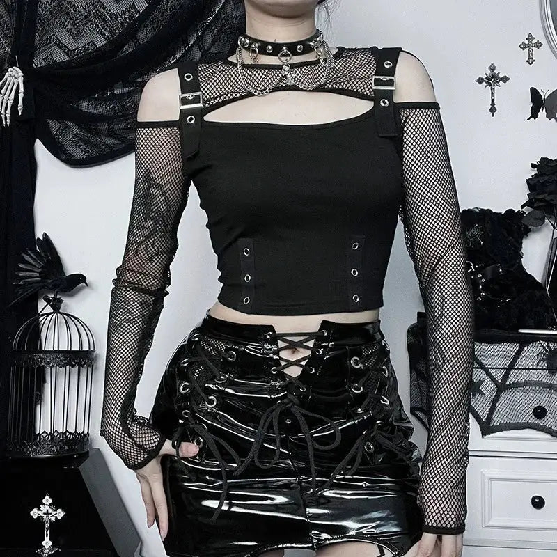 Mall goth fishnet top - buckle detial