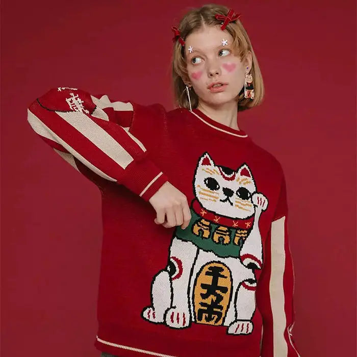 Maneki neko sweater - free size / red