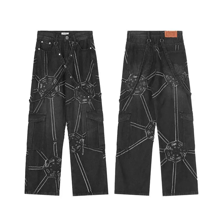 Y2k grunge full length loose fit denim jeans for men - black / s