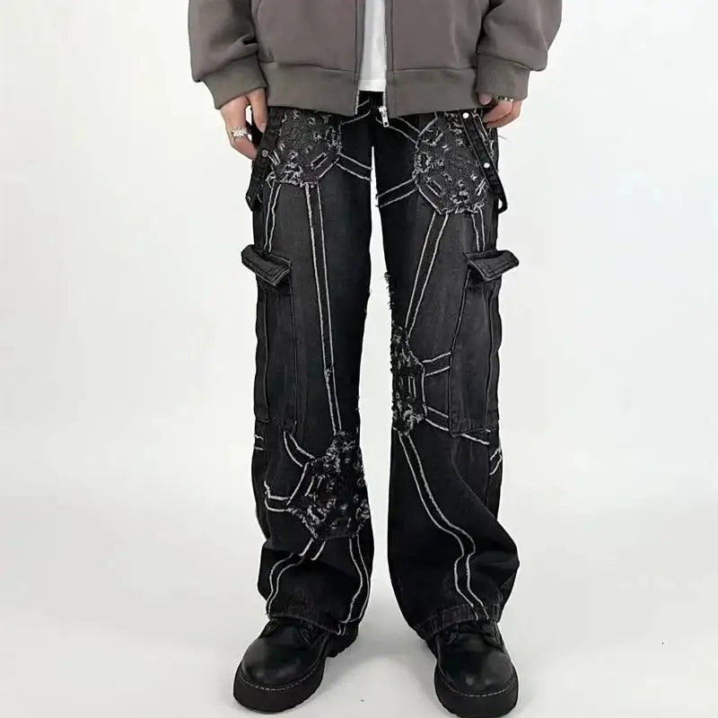 Men’s black baggy jeans - patchwork cargo denim punk streetwear pants