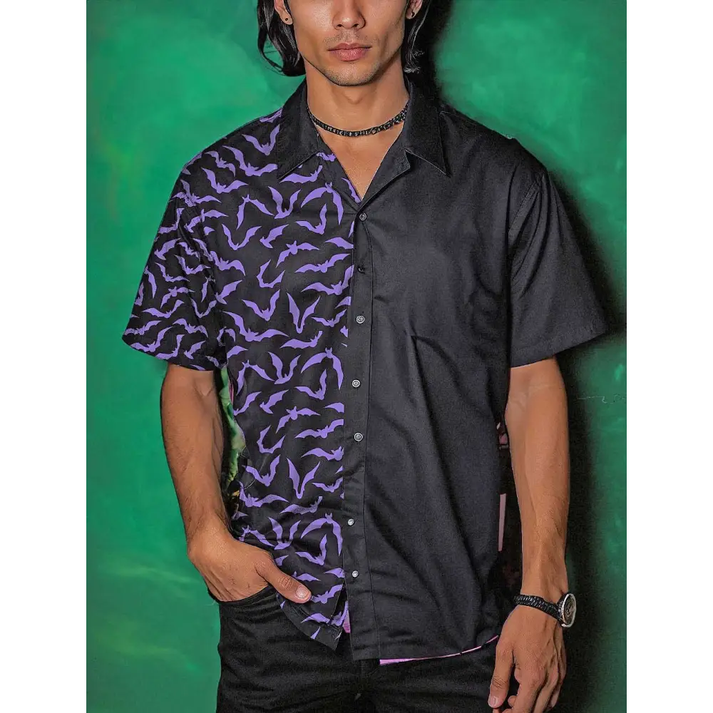 Pastel goth short sleeve shirt with purple bat pattern and notch lapel collar - s - hawaiian (t58)