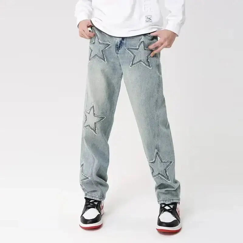 Y2k geometric denim jeans for men in loose fit full length style