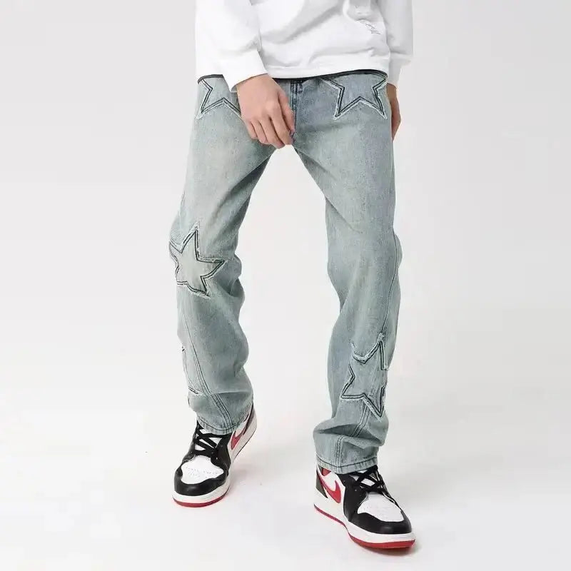 Y2k geometric denim jeans for men in loose fit full length style