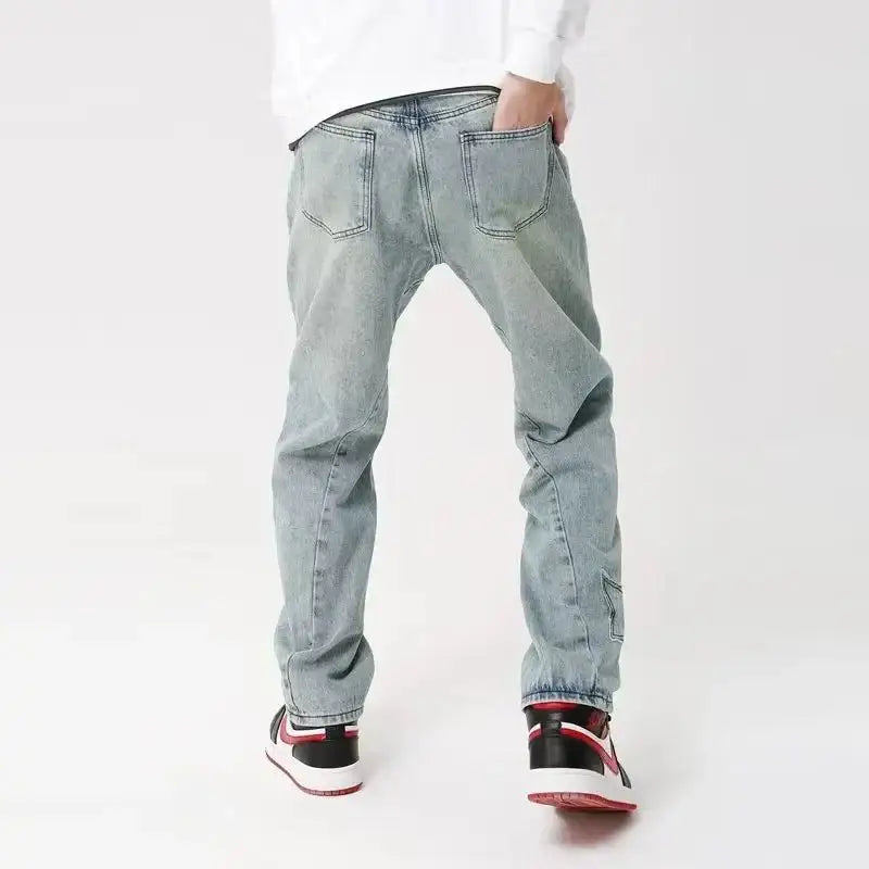 Y2k geometric denim jeans for men in loose fit full length style