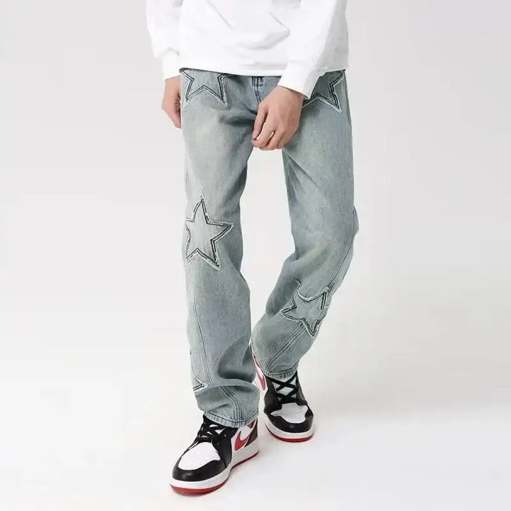 Y2k geometric denim jeans for men in loose fit full length style