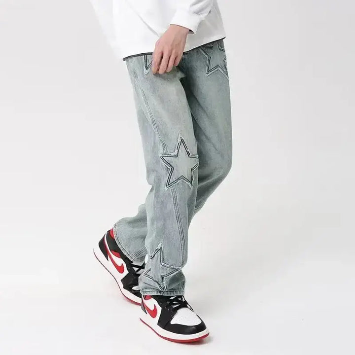 Y2k geometric denim jeans for men in loose fit full length style