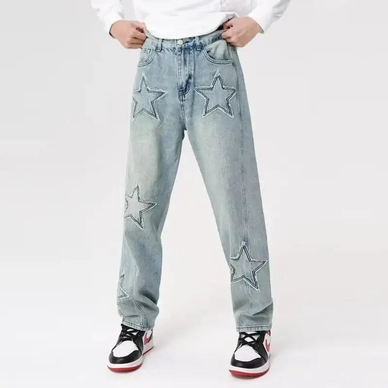 Y2k geometric denim jeans for men in loose fit full length style - washed blue / s