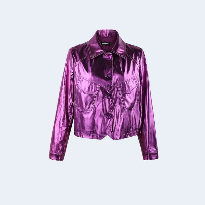 Metallic fuchsia faux leather jacket for a disco cowgirl look