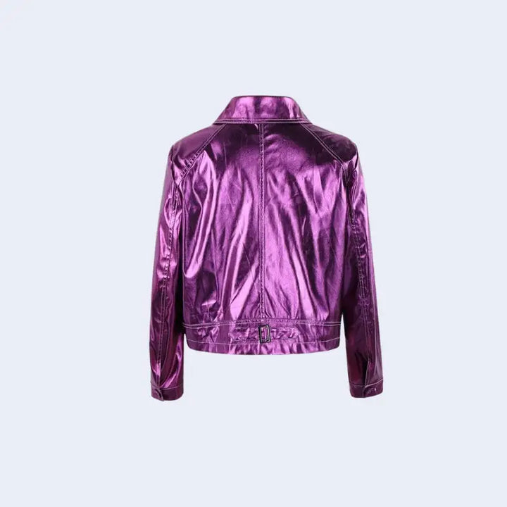 Metallic fuchsia faux leather jacket for a disco cowgirl look