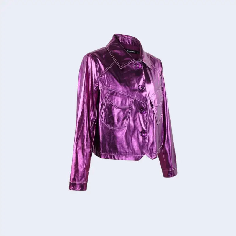 Metallic fuchsia faux leather jacket for a disco cowgirl look - purple / s