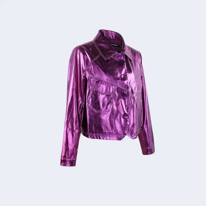 Metallic fuchsia faux leather jacket for a disco cowgirl look - purple / s