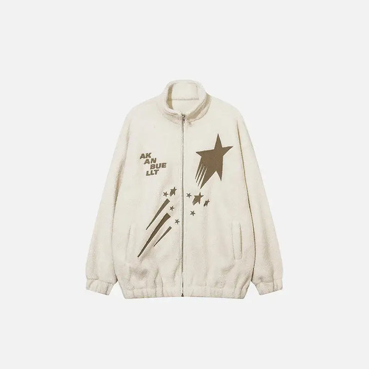 Meteor star print fleece jacket y2k - beige / m