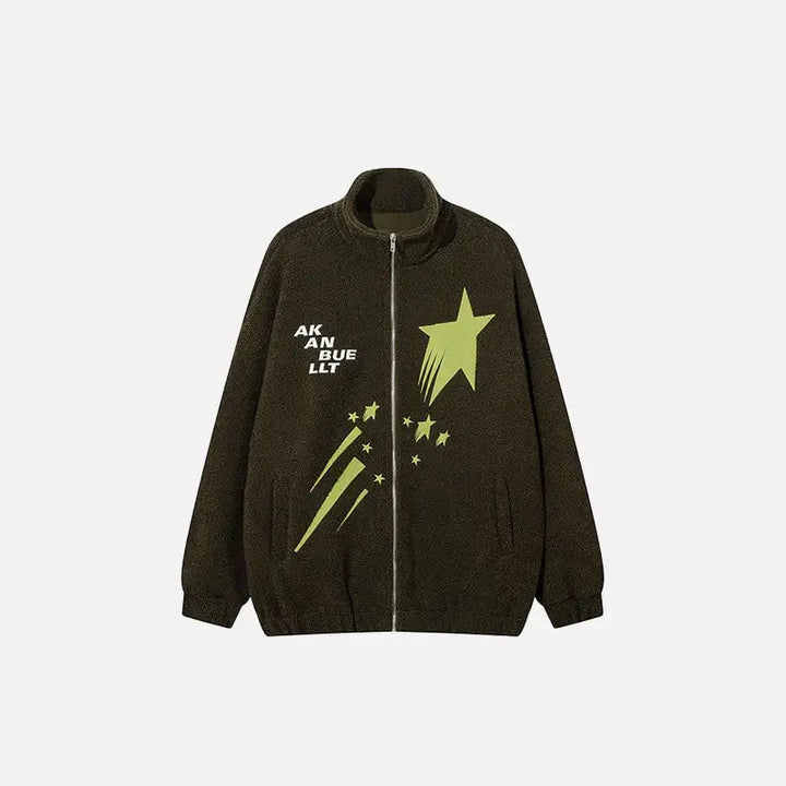 Meteor star print fleece jacket y2k - green / m
