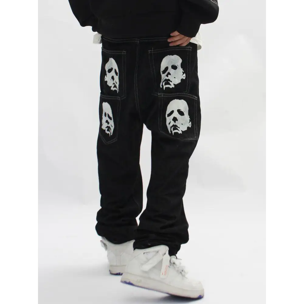 Low-rise jeans with unique michael myers print on back pockets - black / s