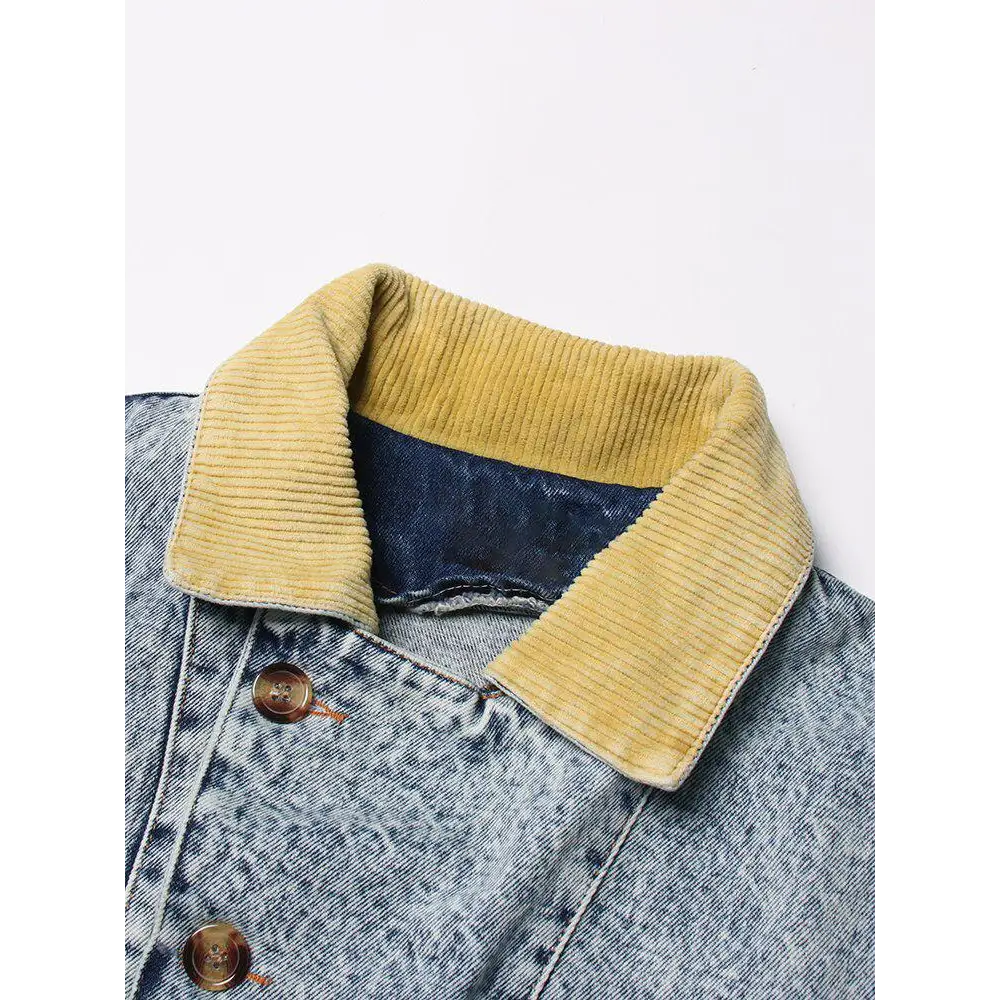 Mid-wash denim jacket with classic collar and unique patchwork design