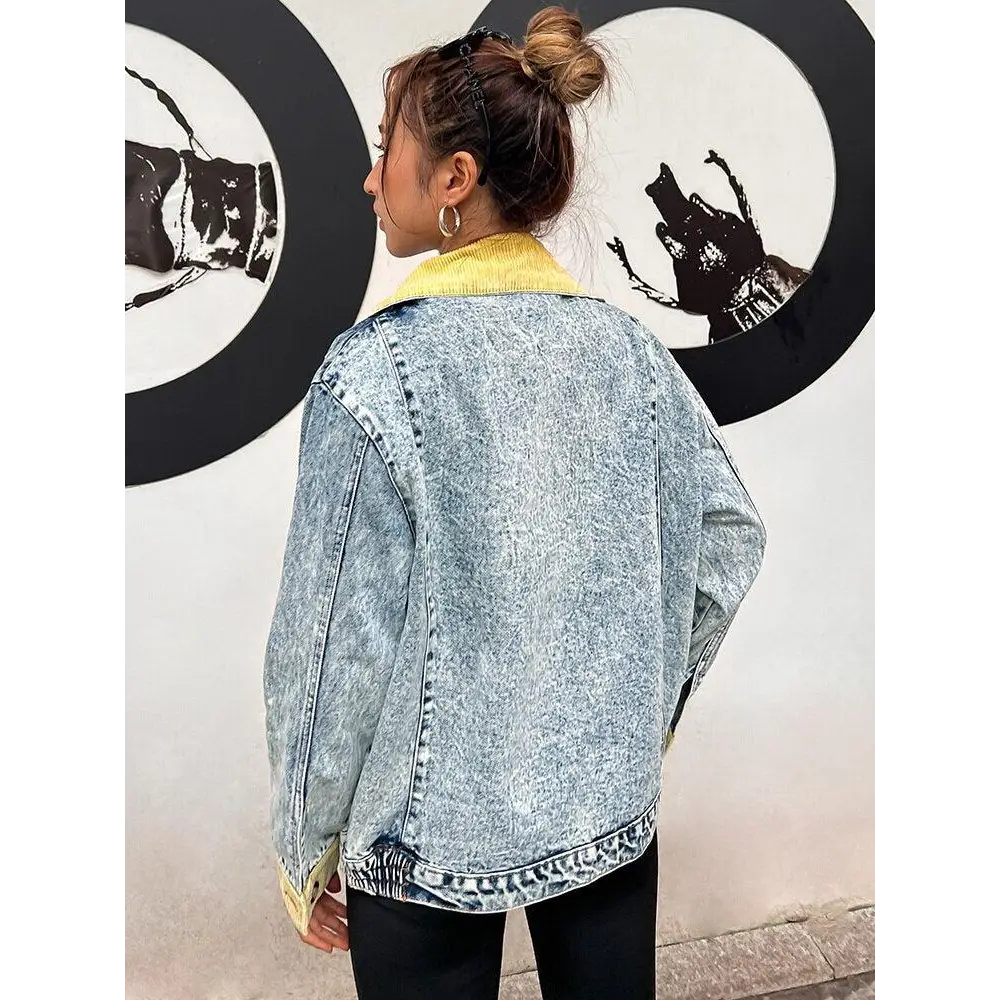 Mid-wash denim jacket with classic collar and unique patchwork design