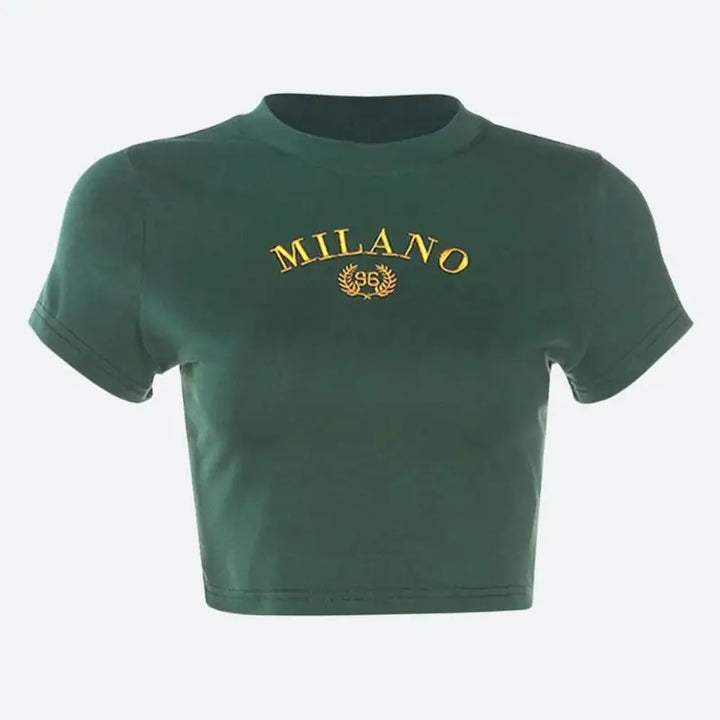 Milano logo green crop top for y2k casual chic style - dark / s - tee