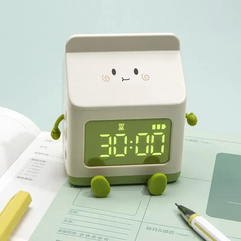 Milk box alarm clock with playful cow mooing sound