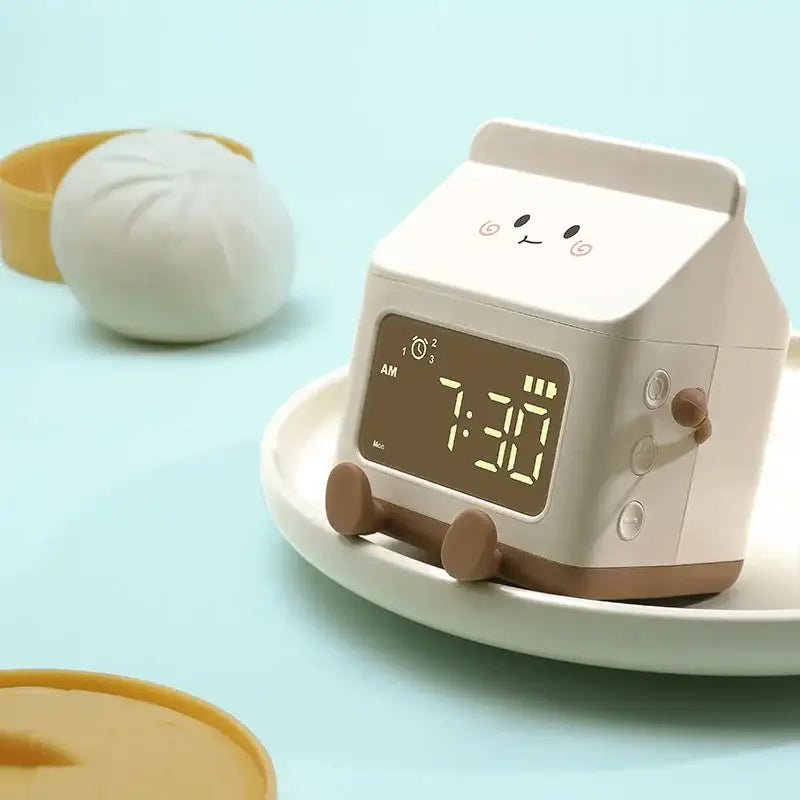 Milk box alarm clock with playful cow mooing sound