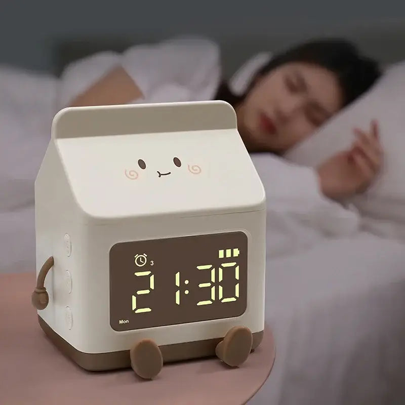 Milk box alarm clock with playful cow mooing sound