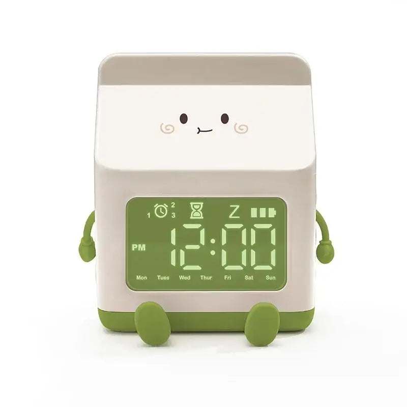 Milk box alarm clock with playful cow mooing sound - green