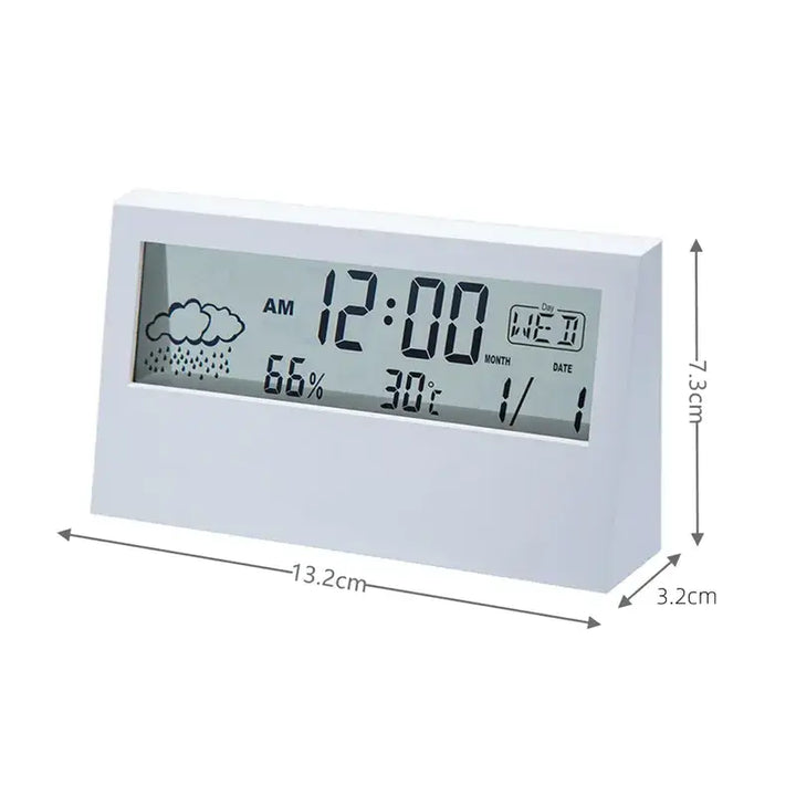 Minimalist digital alarm clock with date temperature and humidity display