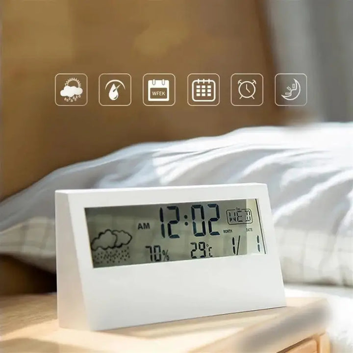 Minimalist digital alarm clock with date temperature and humidity display