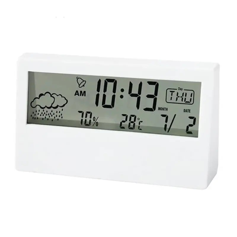 Minimalist digital alarm clock with date temperature and humidity display