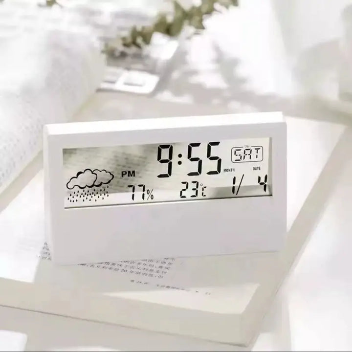 Minimalist digital alarm clock with date temperature and humidity display - white