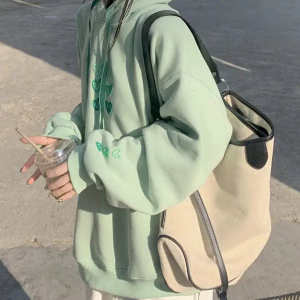 Mint aesthetic heart hoodie - free size / green - hoodies