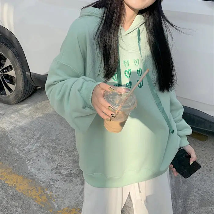 Mint aesthetic heart hoodie - free size / green - hoodies