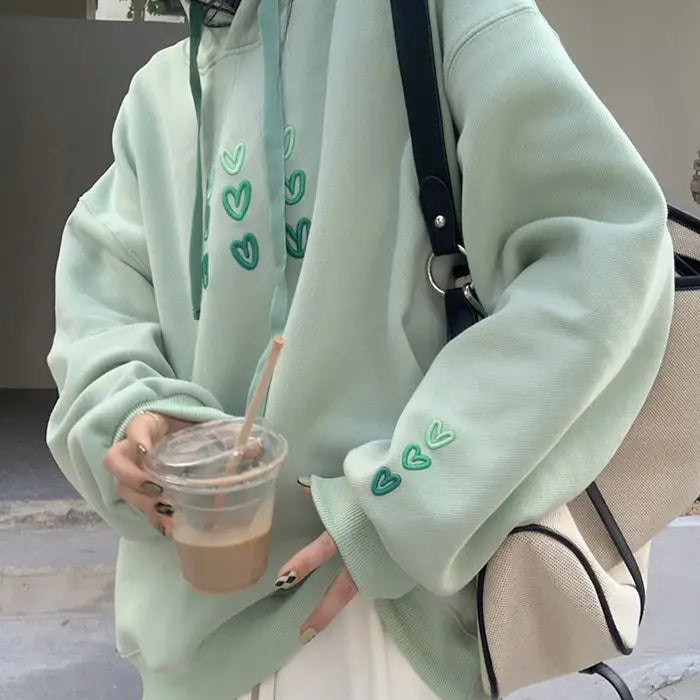 Mint aesthetic heart hoodie - free size / green - hoodies