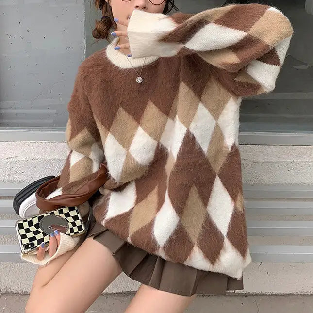 Brown fuzzy argyle sweater with ribbed knit trim