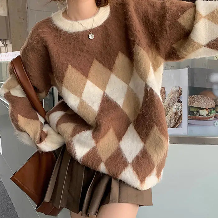 Brown fuzzy argyle sweater with ribbed knit trim