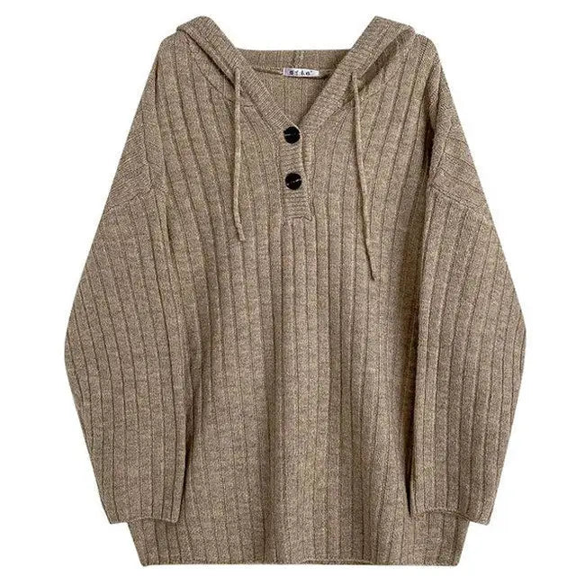 Cozy knitted y2k hoodie with button-up closure and ribbed design - free size / beige