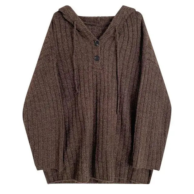 Cozy knitted y2k hoodie with button-up closure and ribbed design - free size / brown