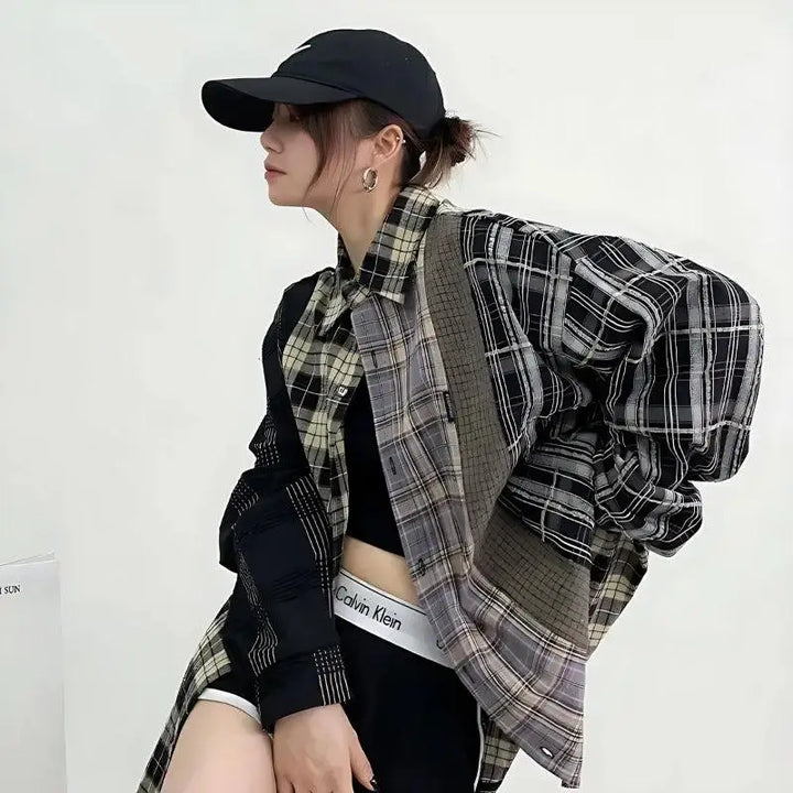 Unique multi-pattern plaid shirt for a y2k inspired look