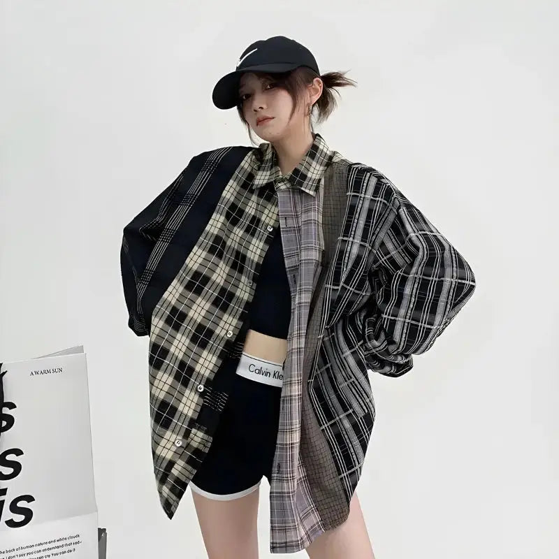 Unique multi-pattern plaid shirt for a y2k inspired look - mix / s