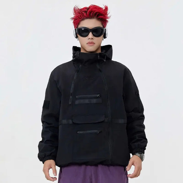 Multi pockets irregular zip-up hoodie y2k - hoodie