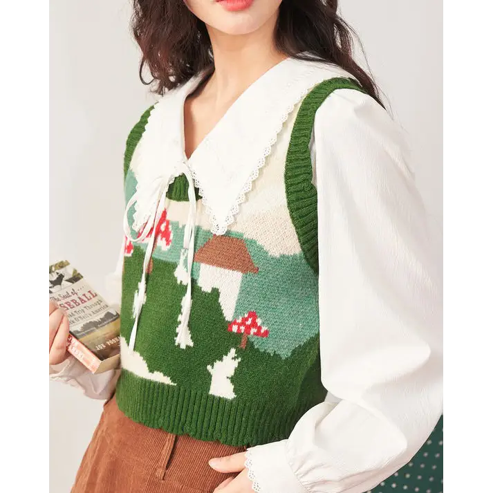 Green mushroom aesthetic knit vest for unique style