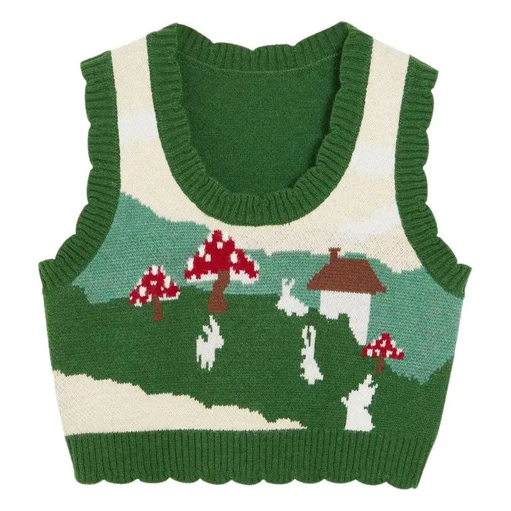 Green mushroom aesthetic knit vest for unique style - s