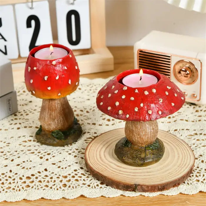 Set of 2 quirky mushroom candle holders for cozy atmosphere