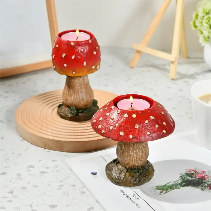 Set of 2 quirky mushroom candle holders for cozy atmosphere